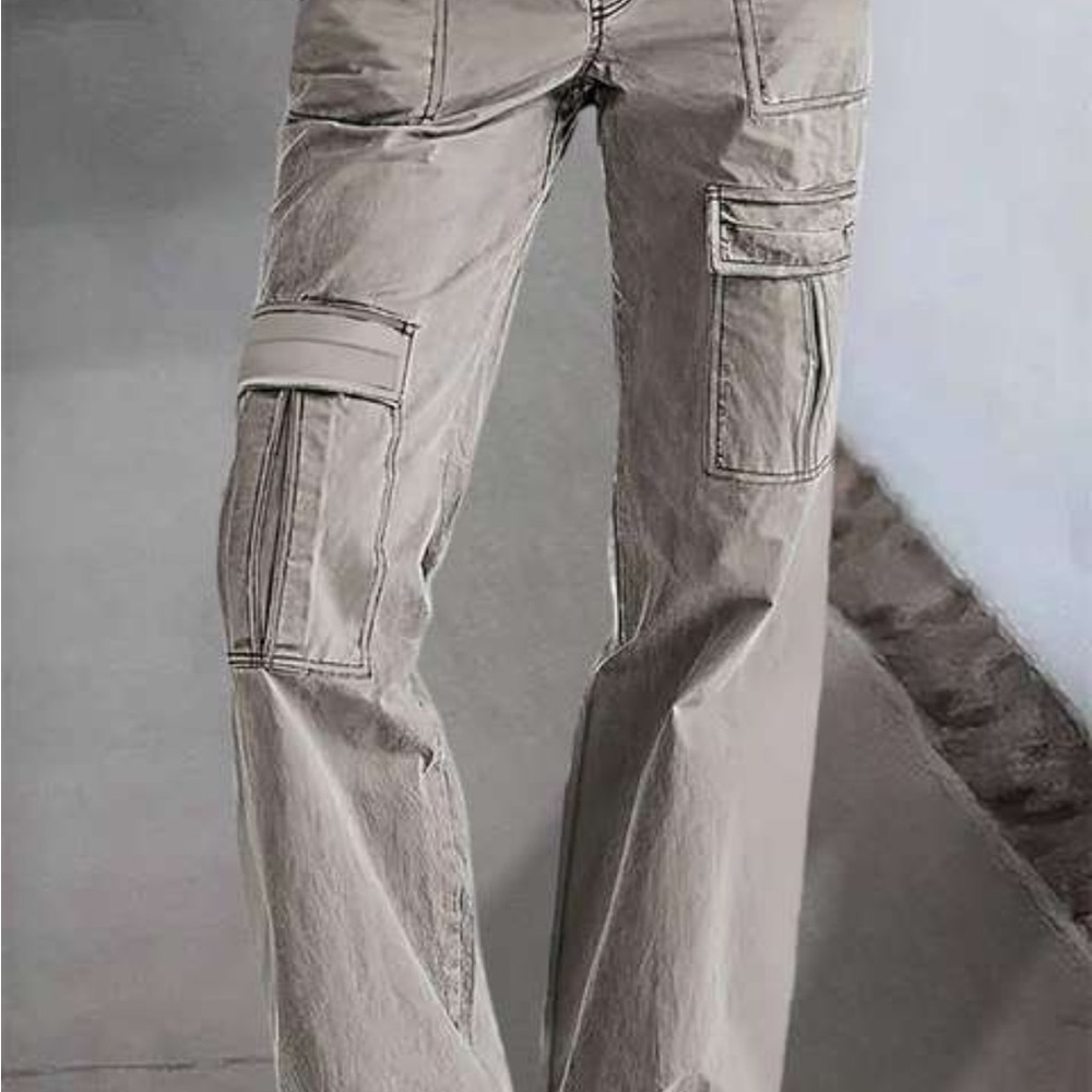 Stylish Low Rise Wide leg Cargo Pants in Beige